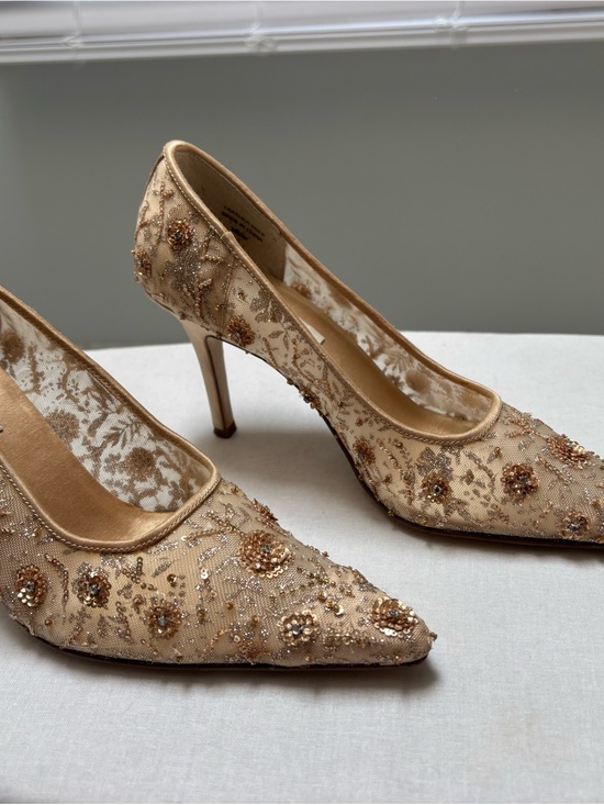 Lord & Taylor Shoes - Lord & Taylor Gold Beaded Lace Pointed-Toe Pumps